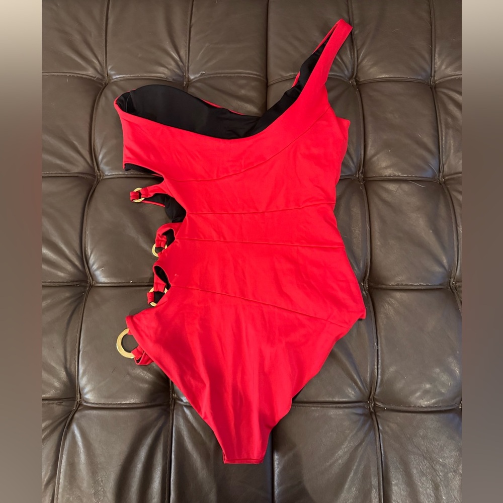 Sexy Red One Piece Swimsuit with side cut outs and metal accents - size 14 - Picture 3 of 6